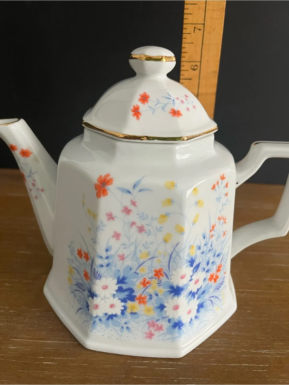 Handpainted Porcelain Teapot-Japan-Octagonal Shape-Lid-Beautiful Wildflowers